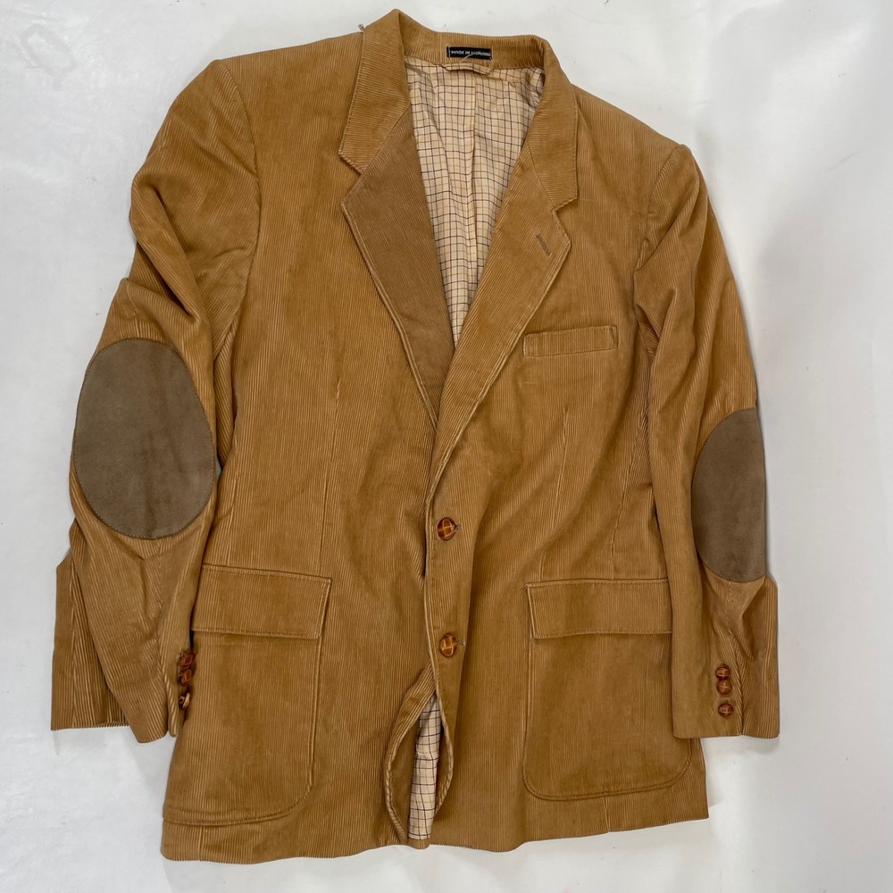 Vintage Tan Corduroy Blazer Mens 46R Suede Elbow Patches Plaid Lining Sport Coat